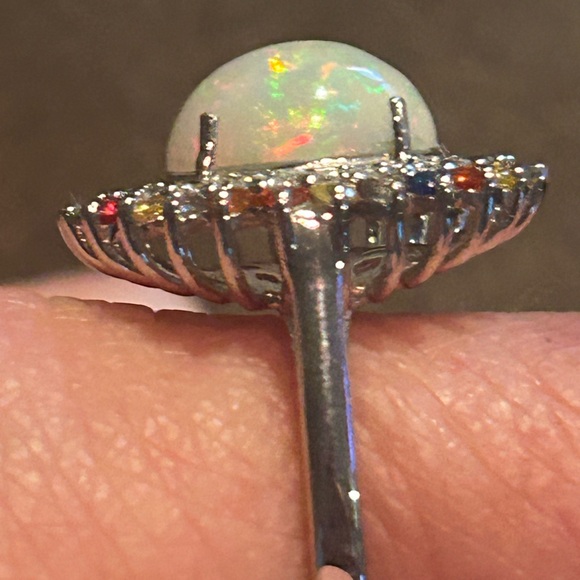 Ethiopian Welo Opal & Multi Gemstone Double Halo Ring Platinum/Sterling Silver - Picture 3 of 10